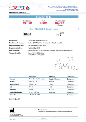 Certificat d'analyses pNAPEP-1588 Substrat Chromogène t-PA